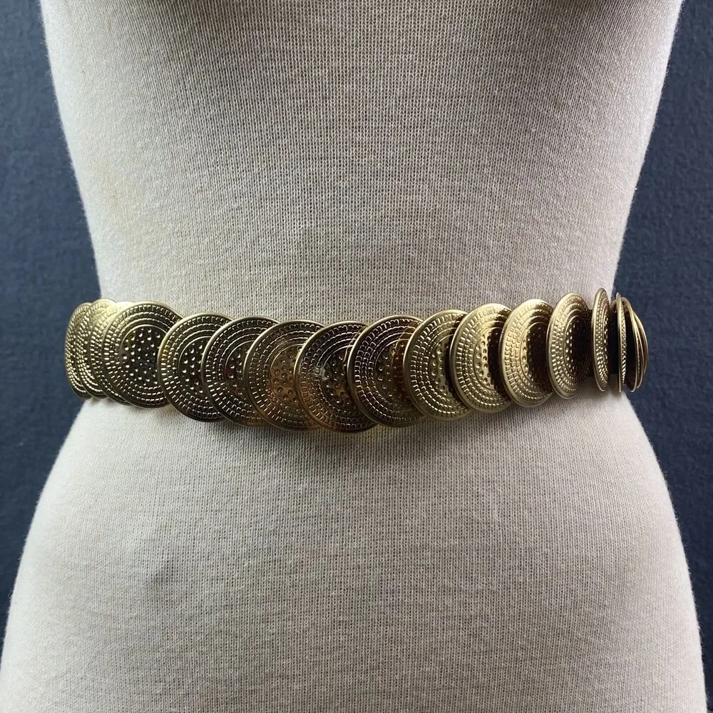 Vintage Gold Metal Coil Stretch Belt Women's One Size Medium Large Embossed USA